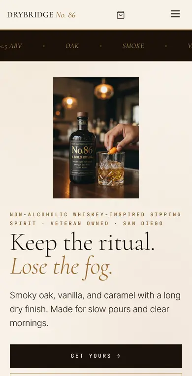 Drink No.86 homepage on mobile, opening on “Keep the ritual. Lose the fog”, captured Oct 9, 2026