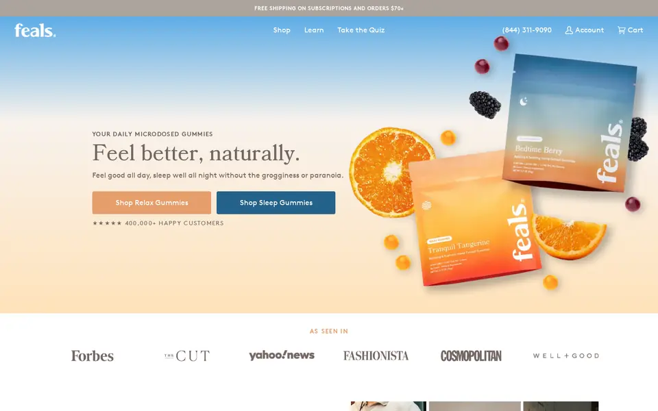 Feals homepage, opening on “Feel better, naturally”, captured Oct 9, 2026