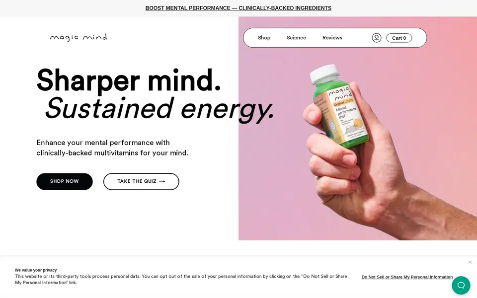 Magic Mind homepage, opening on “Sharper mind. Sustained energy”, captured Oct 9, 2026