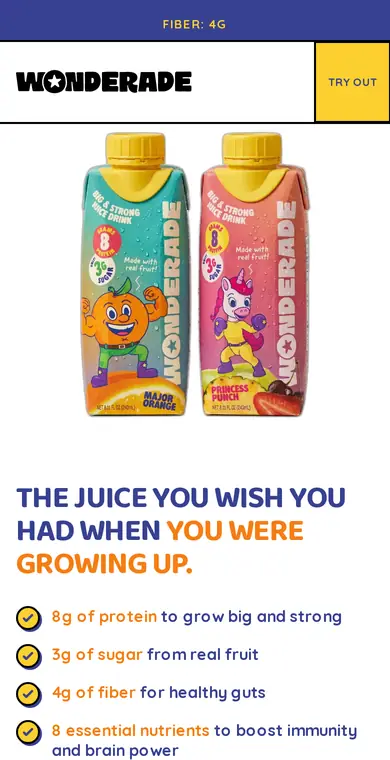 Wonderade homepage on mobile, opening on “The juice you wish you had when you were growing up”, captured Oct 9, 2026